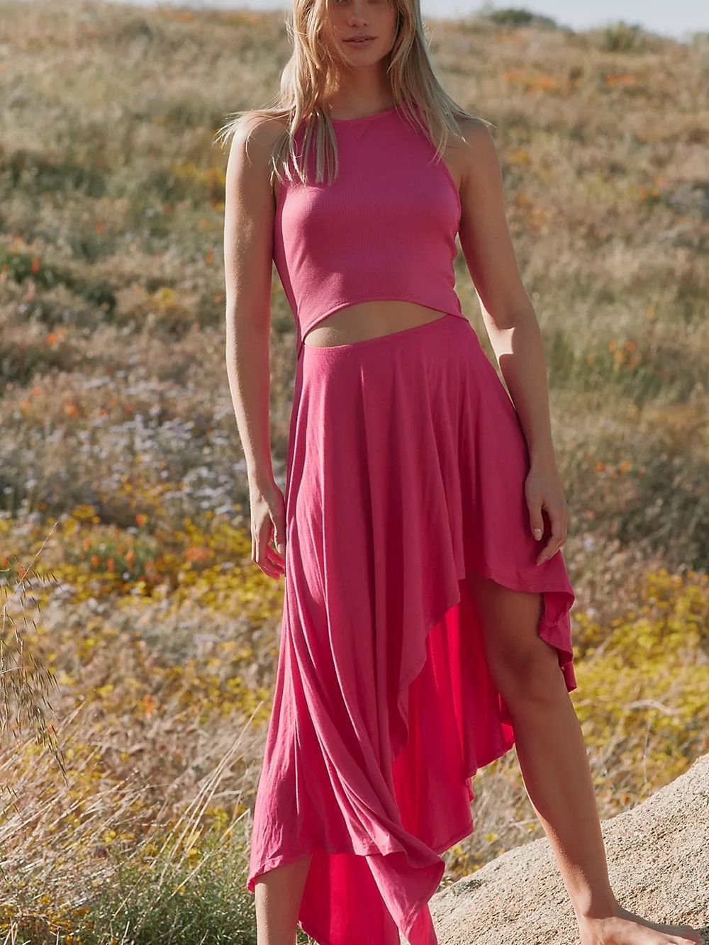 Free People FP Beach Bethany Midi Dress Pink Cutout Racerback Asymmetrical Sz M